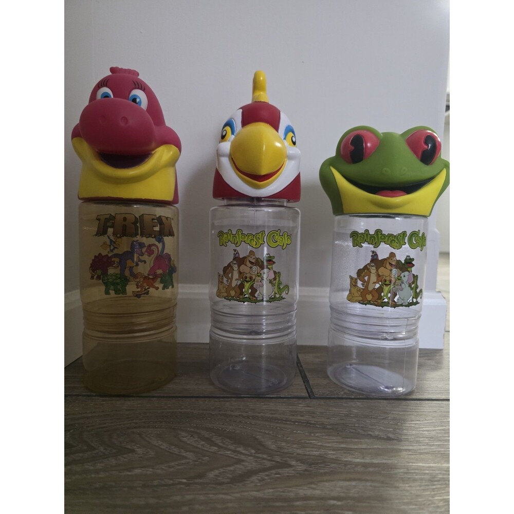 Vintage Rainforest Cafe and T-REX Cafe 3D character souvenir travel water cups